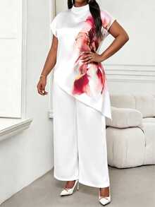 SHEIN Lady Plus Size Women's Floral Print Casual Elegant A Line Versatile Daily Wear Top Party White Summer - Red and White - View 3