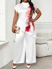 SHEIN Lady Plus Size Women's Floral Print Casual Elegant A Line Versatile Daily Wear Top Party White Summer - Red and White - View 5