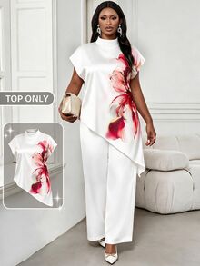 SHEIN Lady Plus Size Women's Floral Print Casual Elegant A Line Versatile Daily Wear Top Party White Summer - Red and White - View 1