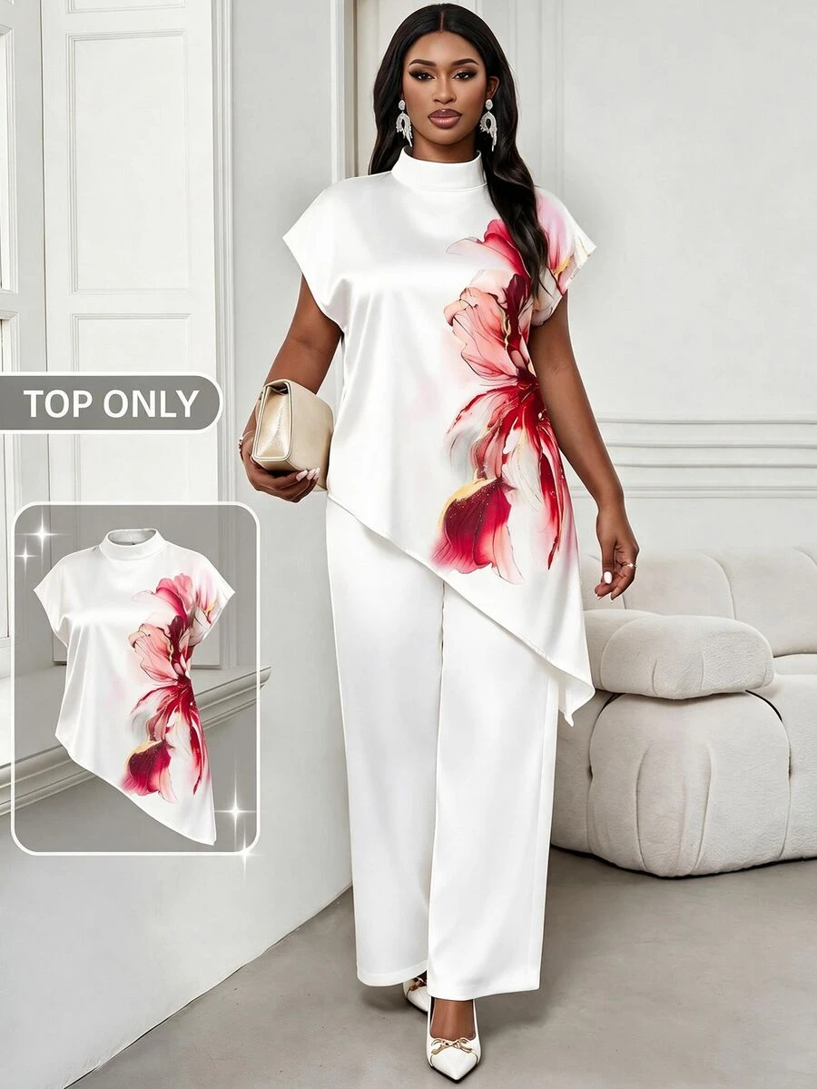 SHEIN Lady Plus Size Women's Floral Print Casual Elegant A Line Versatile Daily Wear Top Party White Summer - Red and White - View 1