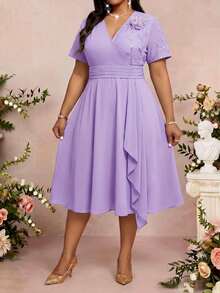 SHEIN Lady Light Blue Elegant Party Evening Formal Dresses For Spring Summer Autumn And Winter Wedding Concert With Sequins A-Line Plus-Size Floral Embroidery - Purple - View 6