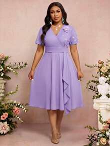SHEIN Lady Light Blue Elegant Party Evening Formal Dresses For Spring Summer Autumn And Winter Wedding Concert With Sequins A-Line Plus-Size Floral Embroidery - Purple - View 8