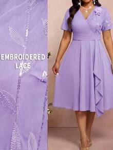 SHEIN Lady Light Blue Elegant Party Evening Formal Dresses For Spring Summer Autumn And Winter Wedding Concert With Sequins A-Line Plus-Size Floral Embroidery - Purple - View 9