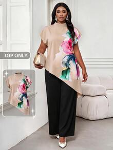 SHEIN Lady Bộ áo và quần nữ size lớn họa tiết hoa, vạt áo bất đối xứng - Màu Khaki - Xem 1