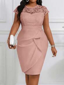 SHEIN Lady Plus Size Elegant Solid Color Lace Patchwork Bodycon Dress For Party - Pink - View 5