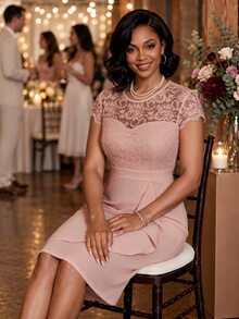 SHEIN Lady Plus Size Elegant Solid Color Lace Patchwork Bodycon Dress For Party - Pink - View 1