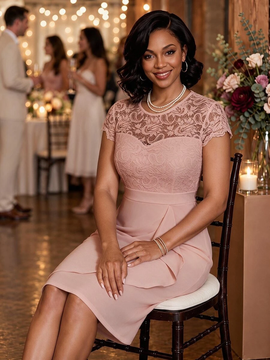 SHEIN Lady Plus Size Elegant Solid Color Lace Patchwork Bodycon Dress For Party - Pink - View 1