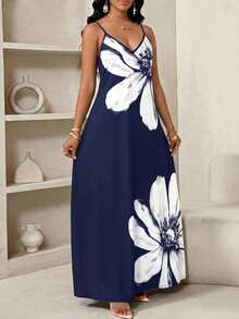 SHEIN Lady Plus Size Summer Vacation Navy Blue Floral Print Cami Dress - Navy Blue - View 4