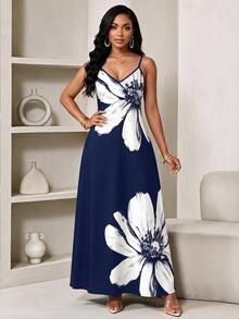 SHEIN Lady Plus Size Summer Vacation Navy Blue Floral Print Cami Dress - Navy Blue - View 1