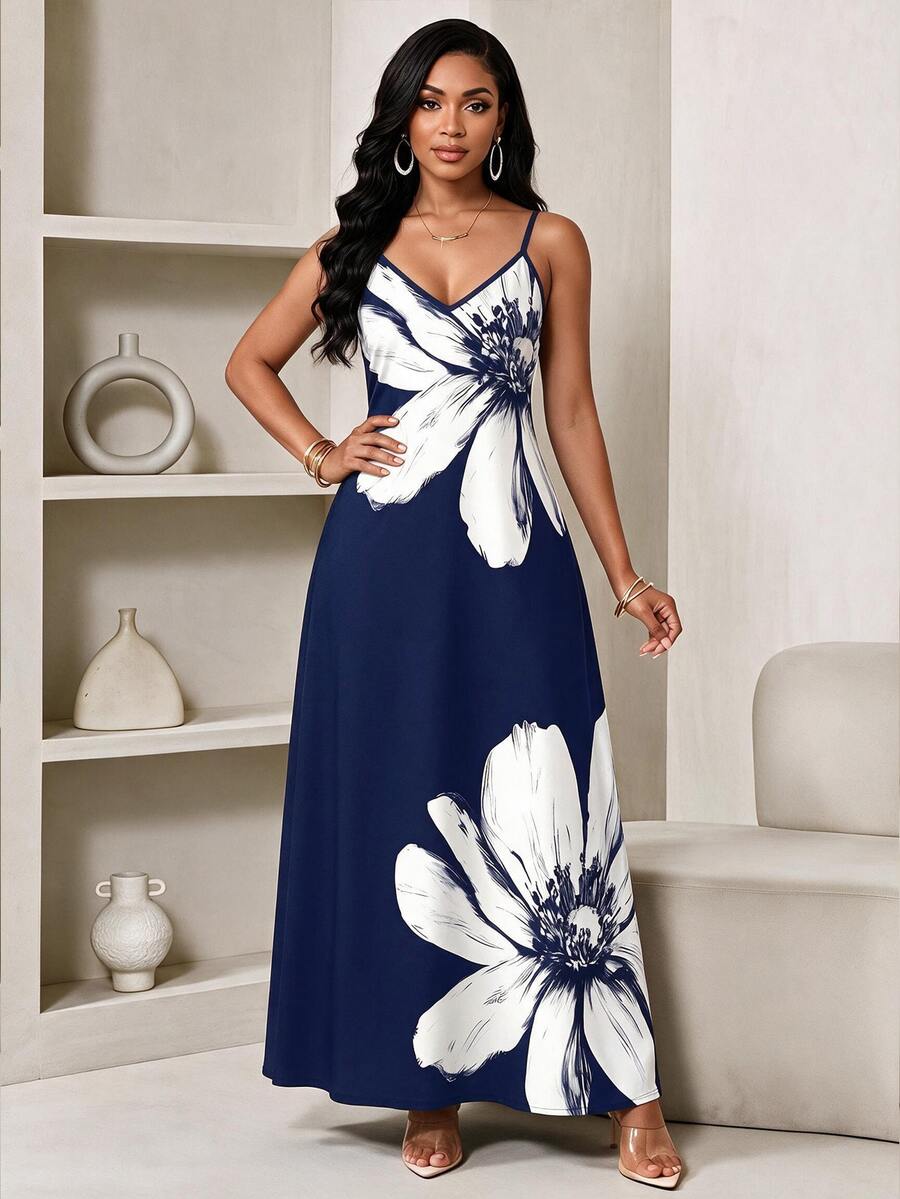 SHEIN Lady Plus Size Summer Vacation Navy Blue Floral Print Cami Dress - Navy Blue - View 1