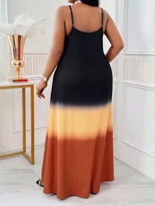 SHEIN Lady 大尺碼女款漸層色休閒優雅細肩帶洋裝，黑色夏季海灘度假風 - 彩色 - 查看 2