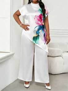SHEIN Lady Plus Size Women Floral Print Asymmetrical Hem Casual Versatile Daily Wear Top - Multicolor - View 6