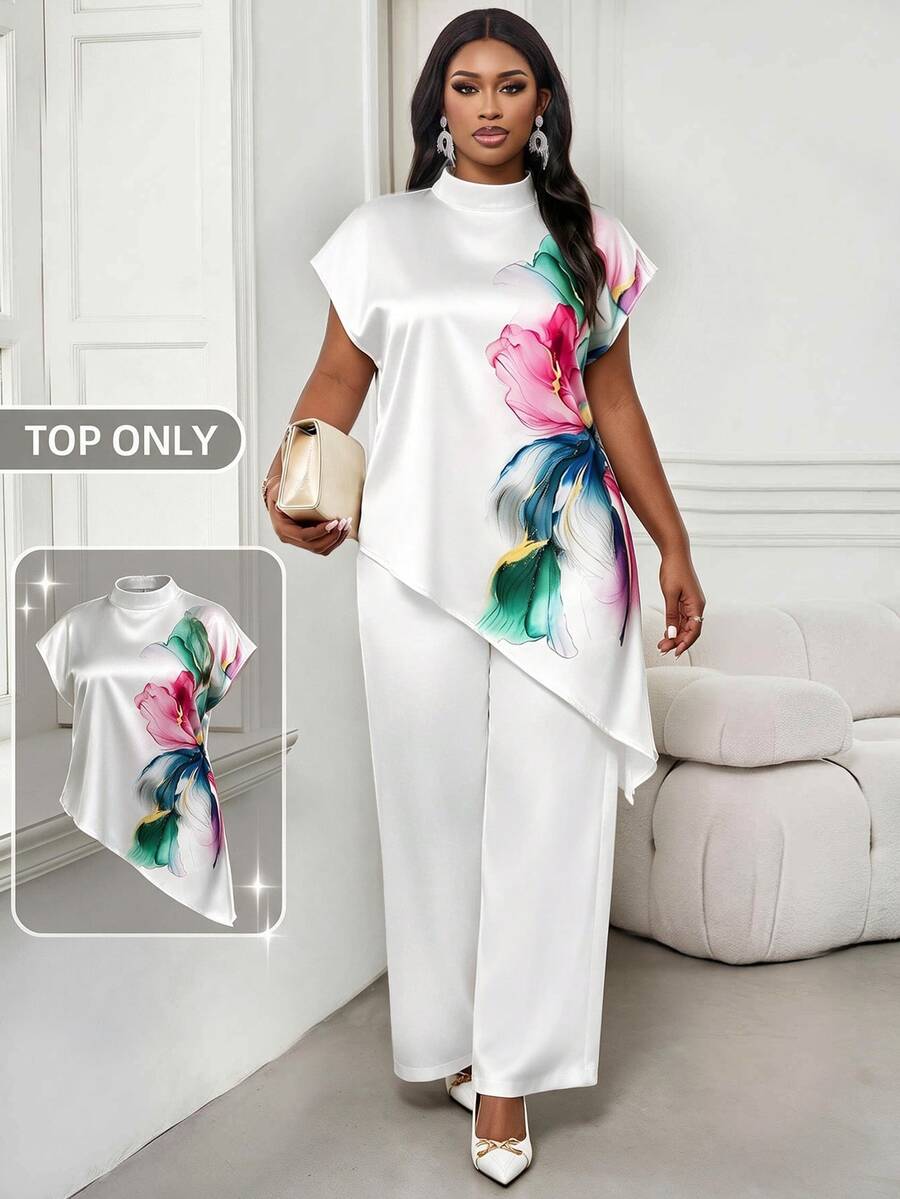 SHEIN Lady Plus Size Women Floral Print Asymmetrical Hem Casual Versatile Daily Wear Top - Multicolor - View 1