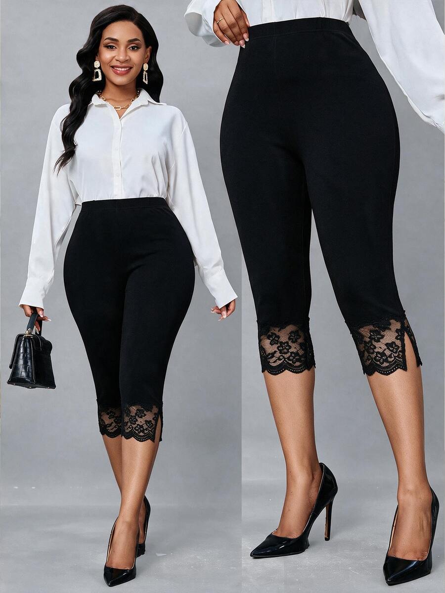 SHEIN Lady Plus Size Summer Contrast Lace Solid Color Elastic Split Hem Capris Leggings