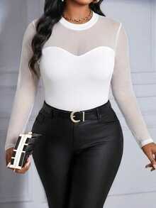 SHEIN Lady Plus Size Elegant Sexy Commuter Date Night Party All White Mesh Patchwork T-Shirt Autumn Fall All White Autumn - White - View 4