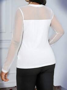 SHEIN Lady Plus Size Elegant Sexy Commuter Date Night Party All White Mesh Patchwork T-Shirt Autumn Fall All White Autumn - White - View 2