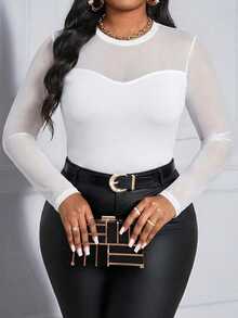 SHEIN Lady Plus Size Elegant Sexy Commuter Date Night Party All White Mesh Patchwork T-Shirt Autumn Fall All White Autumn - White - View 3