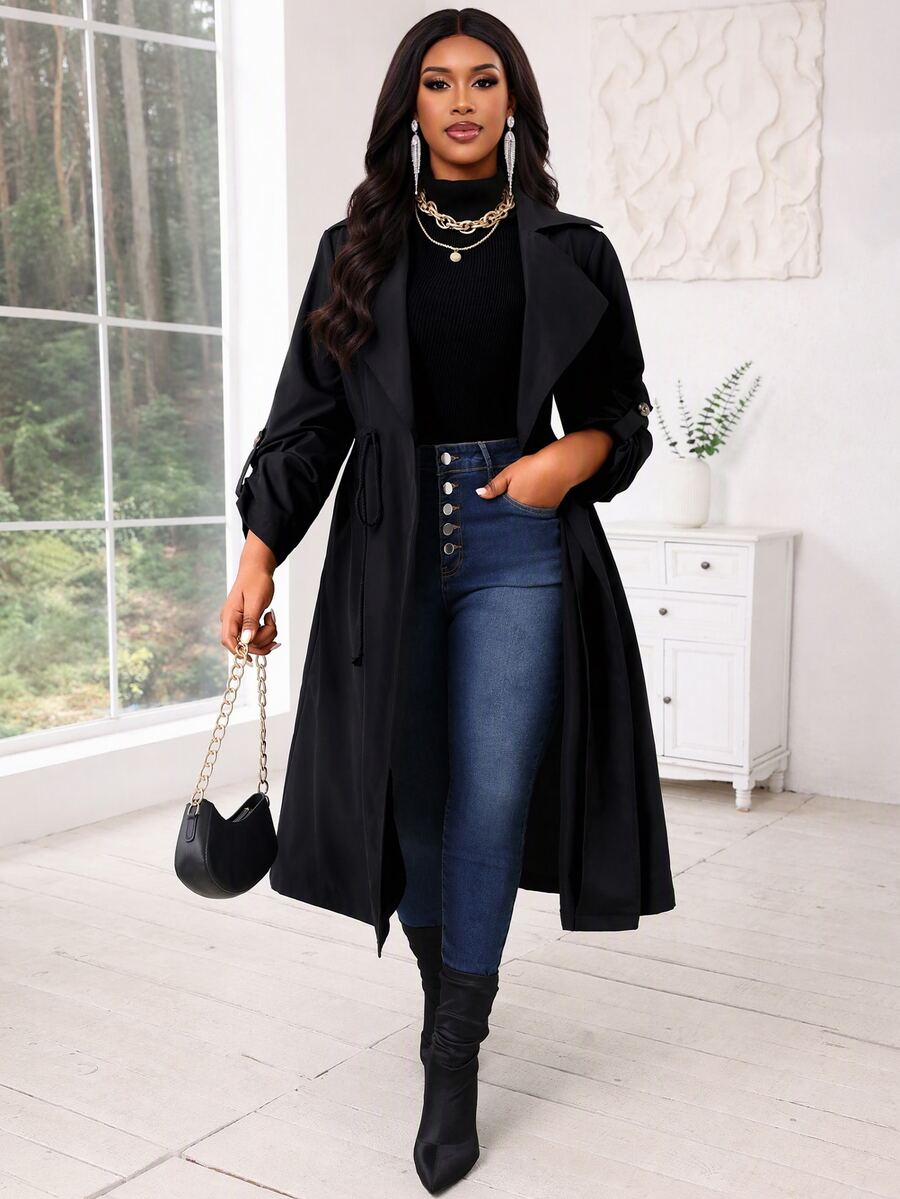 SHEIN Lady Plus Size Women Autumn And Winter Black Casual Woven Waterfall Button Front Midi Trench Coat , Going Out - Black - View 1