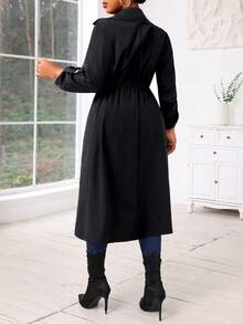 SHEIN Lady Plus Size Women Autumn And Winter Black Casual Woven Waterfall Button Front Midi Trench Coat , Going Out - Black - View 2
