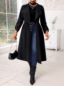 SHEIN Lady Plus Size Women Autumn And Winter Black Casual Woven Waterfall Button Front Midi Trench Coat , Going Out - Black - View 5