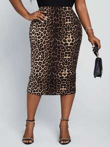 SHEIN Lady Plus Size Women's Elegant Leopard Print All-Match Slim Fit Pencil Skirt - Multicolor - View 5
