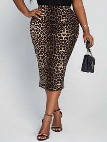 SHEIN Lady Plus Size Women's Elegant Leopard Print All-Match Slim Fit Pencil Skirt - Multicolor - View 4