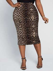 SHEIN Lady Plus Size Women's Elegant Leopard Print All-Match Slim Fit Pencil Skirt - Multicolor - View 7