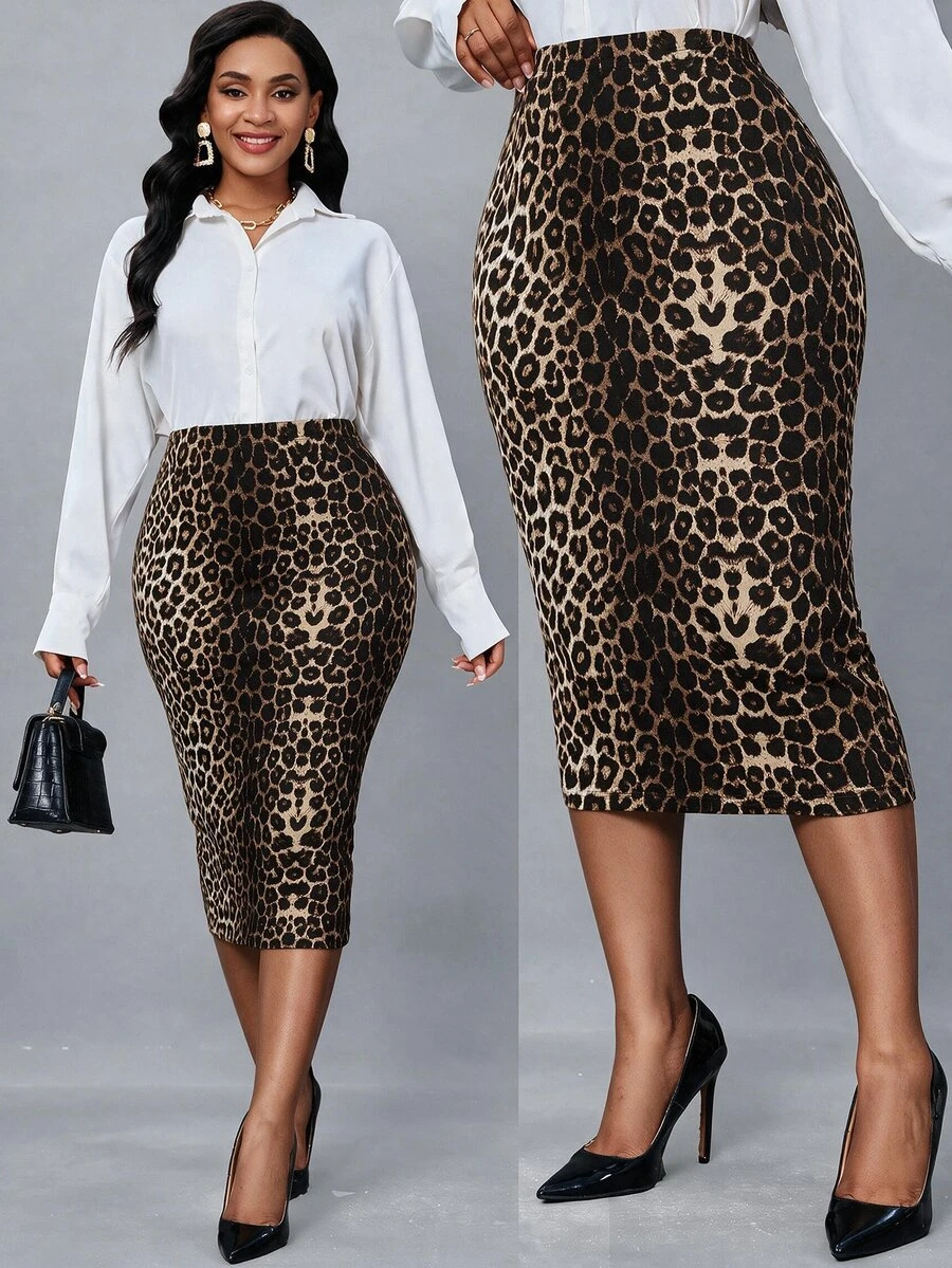 SHEIN Lady Plus Size Women's Elegant Leopard Print All-Match Slim Fit Pencil Skirt