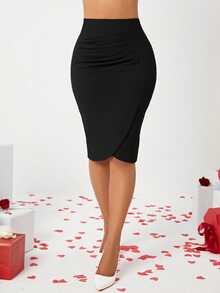 SHEIN Lady Women's High Waisted Pleated Detail Skirt - Black - View 5