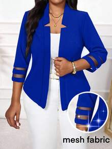 SHEIN Lady Royal Blue Plus Size Women Fashionable Elegant Casual Mesh Patchwork Blazer In Fall/Winter Spring Women - Royal Blue - View 4