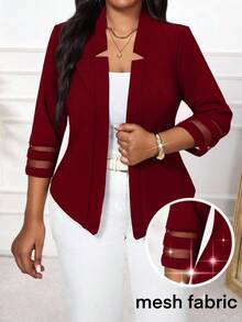 SHEIN Lady بليزر نسائي أنيق وعصري كاجوال بمقاسات كبيرة مع رقعات شبكية للصيف والمكتب الرسمي - عنابي اللون - مشاهدة 5