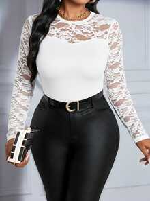 SHEIN Lady New Spring, Summer, Autumn And Winter Lace White Knitted Round Neck Long Sleeve Contrast Plus Size T-Shirt Halloween For Year Thanksgiving Stylish - White - View 7