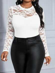 SHEIN Lady New Spring, Summer, Autumn And Winter Lace White Knitted Round Neck Long Sleeve Contrast Plus Size T-Shirt Halloween For Year Thanksgiving Stylish - White - View 4