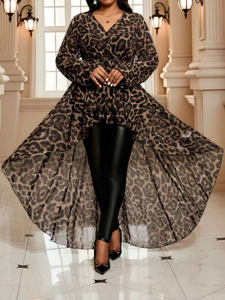 SHEIN Lady Plus Size Leopard Print V-Neck Front Short Back Long Casual Sleeve Shirt Winter For Women Cheetah Animal Tunic Top Christmas New Year Thanksgiving - Brown - View 8