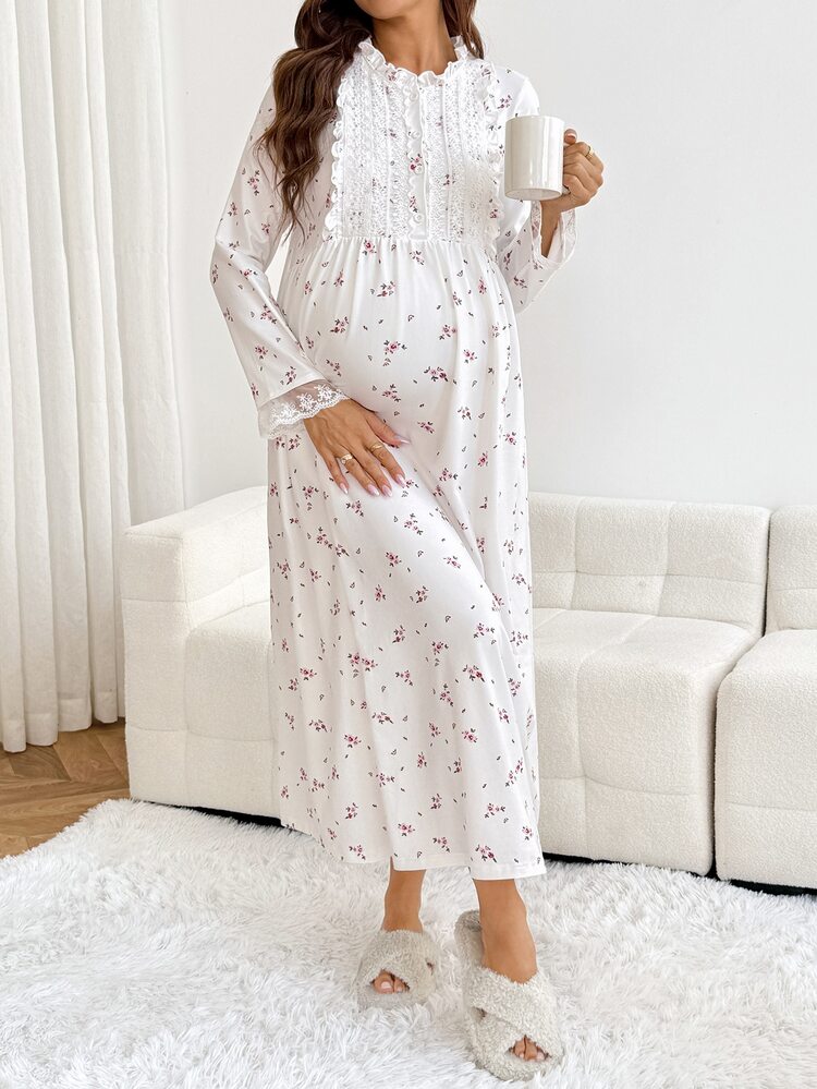 Slowluna Maternity Ditsy Floral Frill Trim Stand Collar Contrast Lace Casual Girlish Long Sleeve Dress Fall - White - View 4