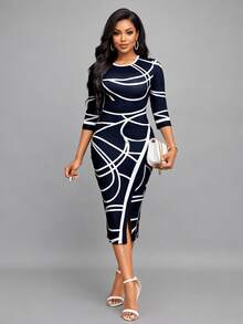 SHEIN Lady Women's Spring & Summer Line Print Round Neck 3/4 Sleeve High Split Hem Fitted & Elegant Office Commute Dress - Blue and White - View 2