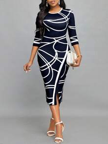 SHEIN Lady Women's Spring & Summer Line Print Round Neck 3/4 Sleeve High Split Hem Fitted & Elegant Office Commute Dress - Blue and White - View 6
