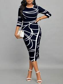 SHEIN Lady Women's Spring & Summer Line Print Round Neck 3/4 Sleeve High Split Hem Fitted & Elegant Office Commute Dress - Blue and White - View 5