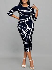 SHEIN Lady Women's Spring & Summer Line Print Round Neck 3/4 Sleeve High Split Hem Fitted & Elegant Office Commute Dress - Blue and White - View 4