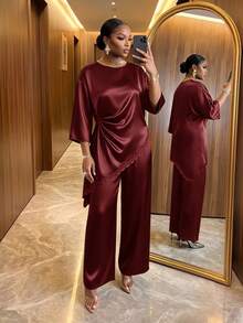 SHEIN Lady Plus Size Women Lace Patchwork Top And Pants Casual Elegant Everyday 2 Pieces Set Fall Christmas Party Formal - Burgundy - View 3