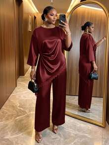 SHEIN Lady Plus Size Women Lace Patchwork Top And Pants Casual Elegant Everyday 2 Pieces Set Fall Christmas Party Formal - Burgundy - View 4