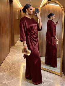 SHEIN Lady Plus Size Women Lace Patchwork Top And Pants Casual Elegant Everyday 2 Pieces Set Fall Christmas Party Formal - Burgundy - View 5