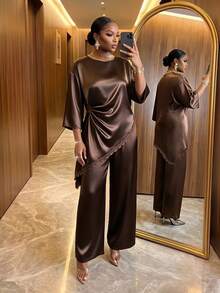 Auveirra Plus Size Women Lace Patchwork Top And Pants Casual Everyday 2 Pieces Set Fall - Brown - View 5