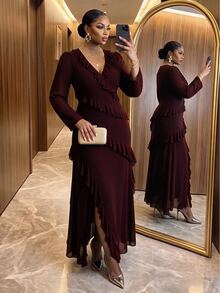 Auveirra Plus Size Women Solid Color V-Neck Pleated Casual Elegant Party Wedding Formal Cocktail Dress Fall Burgundy Christmas New Year - Burgundy - View 3