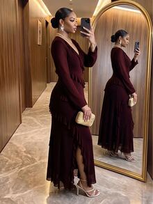 Auveirra Plus Size Women Solid Color V-Neck Pleated Casual Elegant Party Wedding Formal Cocktail Dress Fall Burgundy Christmas New Year - Burgundy - View 2