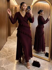 Auveirra Plus Size Women Solid Color V-Neck Pleated Casual Elegant Party Wedding Formal Cocktail Dress Fall Burgundy Christmas New Year - Burgundy - View 4