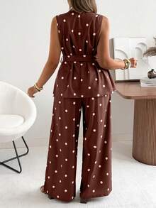 Flirla Ceyna Plus Size Women's Classic Retro Polka Dot Vest And Wide Leg Pants Set Summer Holiday Outfits - Brown - View 2