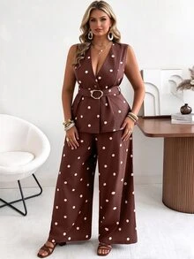 Flirla Ceyna Plus Size Women's Classic Retro Polka Dot Vest And Wide Leg Pants Set Summer Holiday Outfits - Brown - View 3
