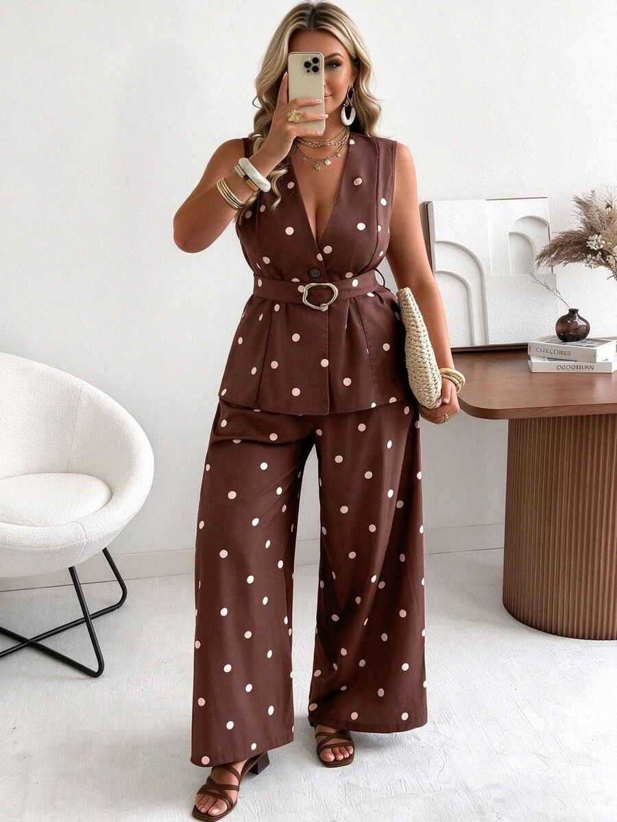 Flirla Ceyna Plus Size Women's Classic Retro Polka Dot Vest And Wide Leg Pants Set Summer Holiday Outfits - Brown - View 1