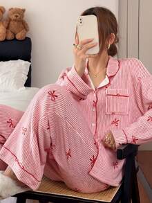 Napfluff Women's Contrast Color Trim Striped Bow Pajama Set, Fuzzy Long Sleeve Long Pants Loungewear, Autumn/Winter - Pink - View 3